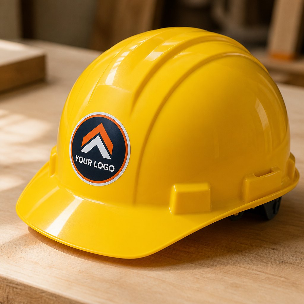 A custom logo sticker applied to a yellow construction hard hat