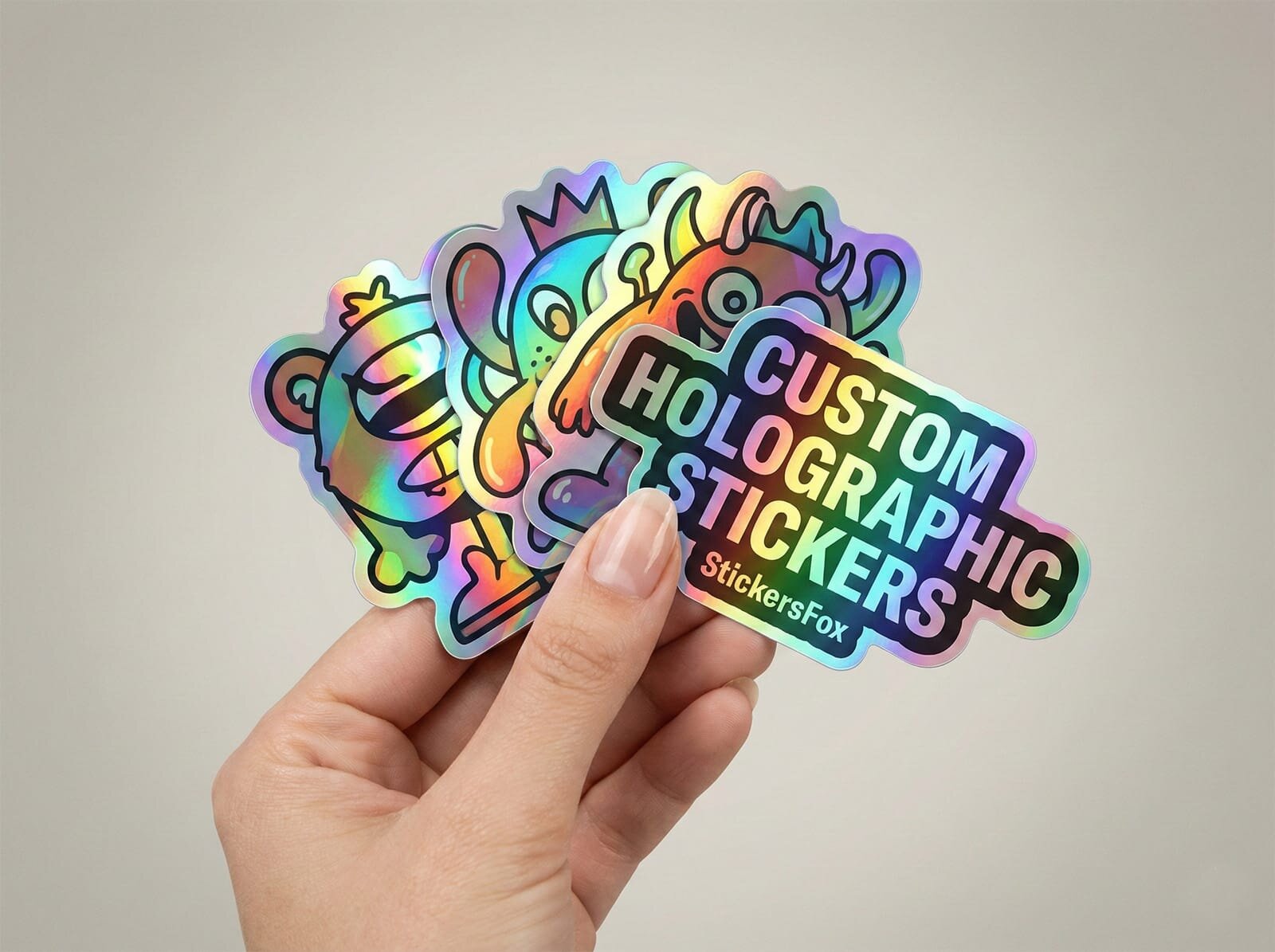 Custom holographic stickers held in hand, showing the rainbow shift across the print