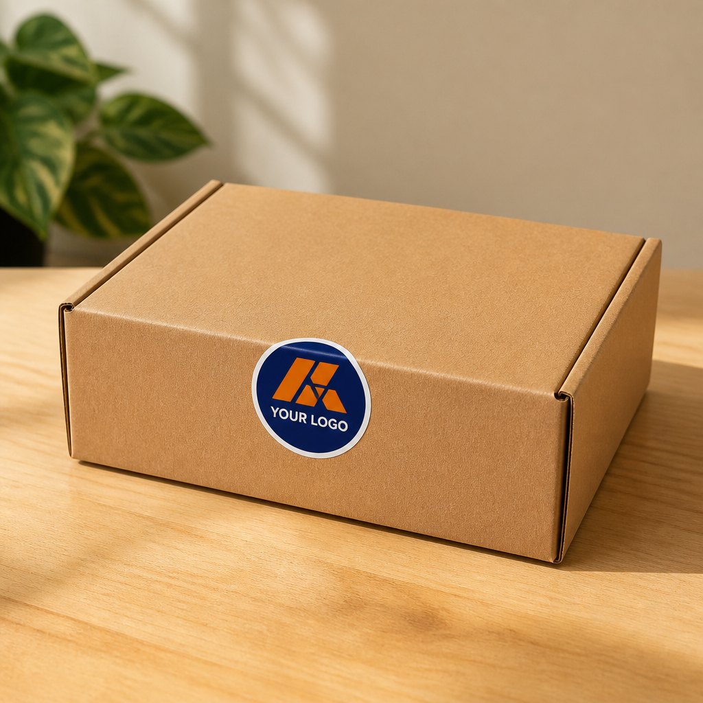 A kraft mailer box sealed with a custom die-cut logo sticker