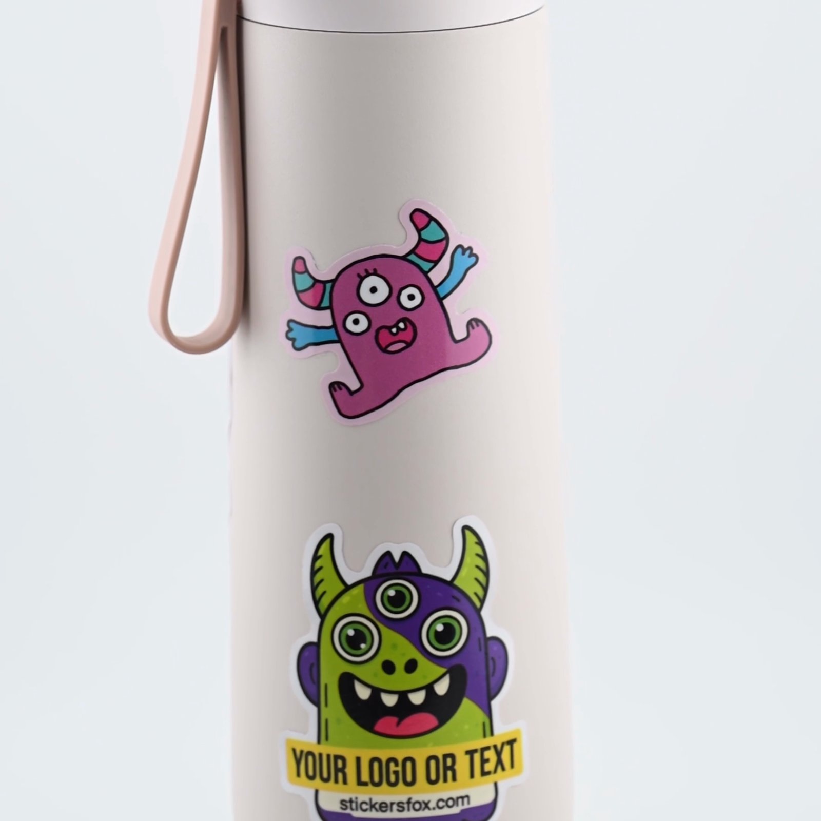 A custom die-cut sticker applied to a water bottle in waterproof vinyl